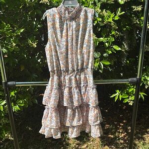 Blue and Orange Ruffled Tiered Sundress with Mock Neck